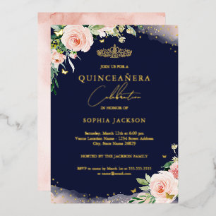Invitation En Aluminium Fuchsia rose Navy Floral Quinceanera Anniversaire