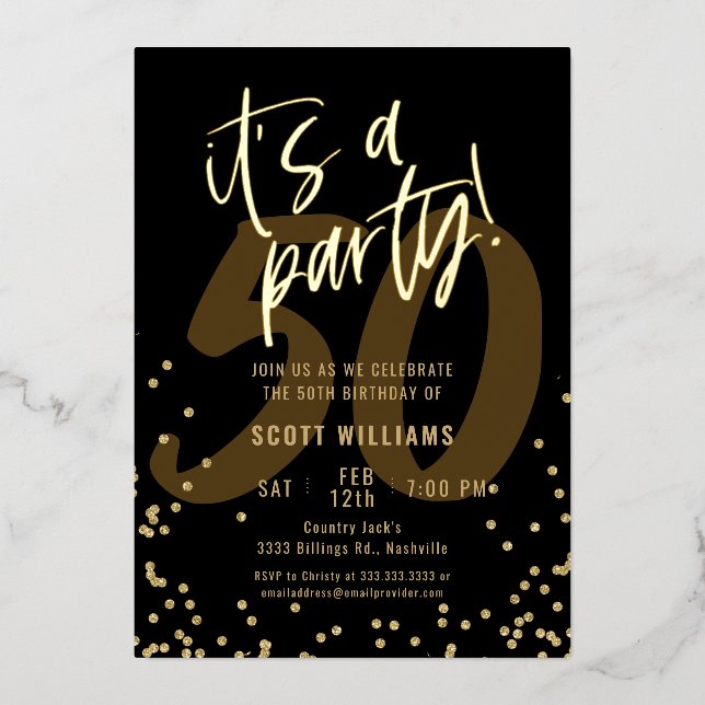 Invitation En Aluminium Fun Black 50e Anniversaire Real Gold Foil Invitati (Recto)
