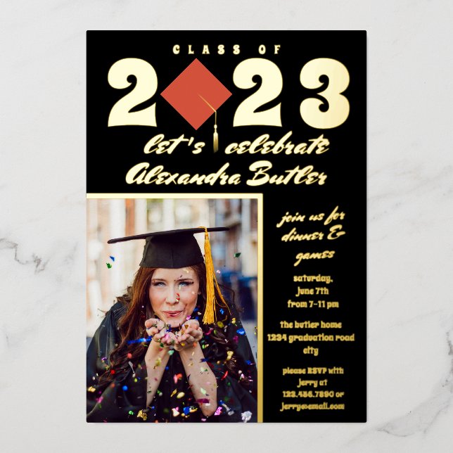 Invitation En Aluminium Fun Facts Photo Bold Script Class 2023 Graduation (Recto)