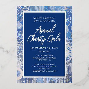 Invitation En Aluminium Gala annuel Bleu Abstrait Aquarelle Argent Feuille