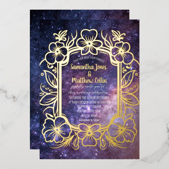 Invitation En Aluminium Galaxie céleste Cosmos Night Gold Foil Mariage (Recto/Verso)