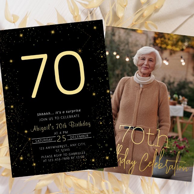 Invitation En Aluminium Galaxy Elegance Photo Black Gold Anniversaire (Galaxy Elegant Photo Black Gold Birthday Party Foil Invitation )
