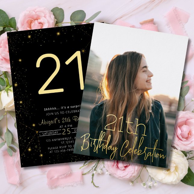 Invitation En Aluminium Galaxy Elegance Photo Black Gold Anniversaire (Galaxy Elegant Photo Black Gold Birthday Party Foil Invitation )