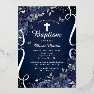 Invitation En Aluminium Garçon Navy Fleur Fleurie Papillon Baptême 