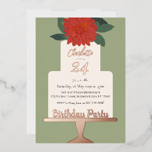 Invitation En Aluminium Gâteau Floral Moderne Rouge Anniversaire Fête Or