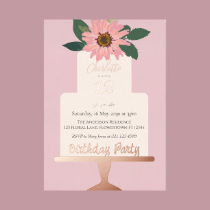Invitation En Aluminium Gâteau Floral Rose Fête d'Anniversaire Argenté