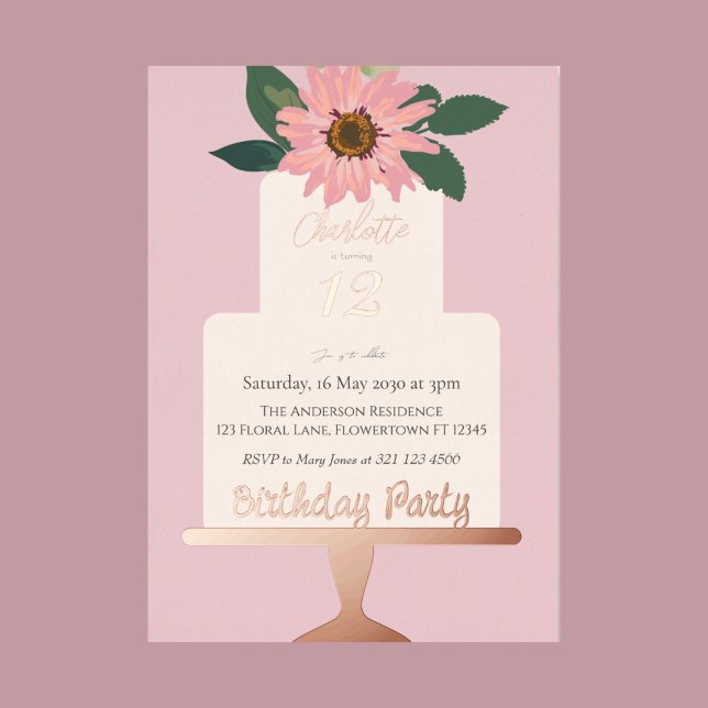 Invitation En Aluminium Gâteau rose floral Anniversaire Fête Argent (Créateur téléchargé)