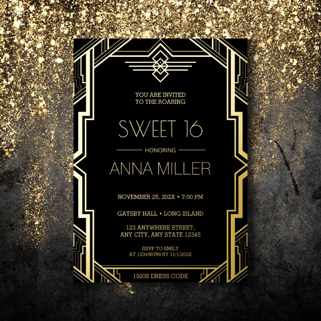 Invitation En Aluminium Gatsby Art Déco Black and Gold Sweet 16 (Créateur téléchargé)