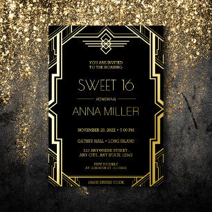 Invitation En Aluminium Gatsby Art Déco Noir et Or Sweet 16