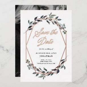 Invitation En Aluminium Geo Blanc vert   Rose Gold Enregistrer la date