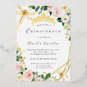 Invitation En Aluminium Geo Blush Floral Dragonfly Quinceanera Or