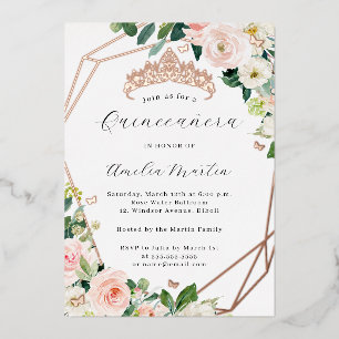 Invitation En Aluminium Geo Blush Floral Quinceanera Rose Gold