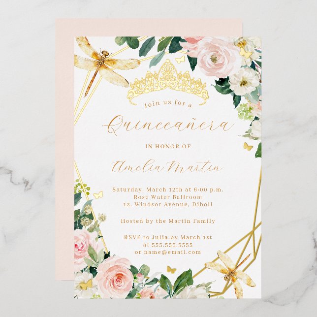 Invitation En Aluminium Geo Blush Gold Floral Dragonfly Quinceanera (Recto/Verso)