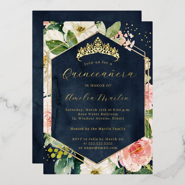 Invitation En Aluminium Geo Blush Navy Floral Quinceanera (Recto/Verso)