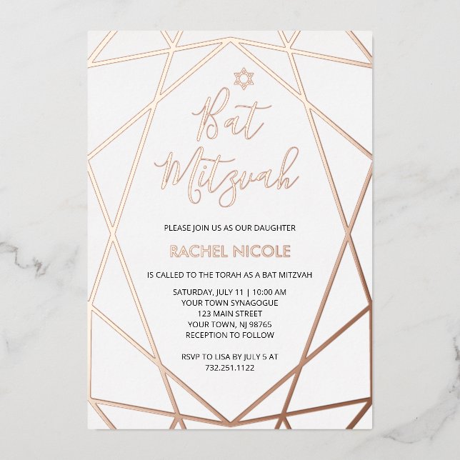 Invitation En Aluminium Géométrique blanche et Rose en or | Bat mitzvah (Recto)