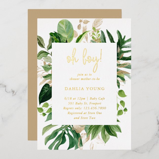 Invitation En Aluminium Géométrique Oh garçon Baby shower Tropical Or (Recto/Verso)