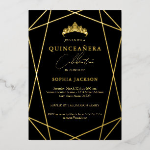 Invitation En Aluminium Géométrique Quinceanera élégant noir or 15ème