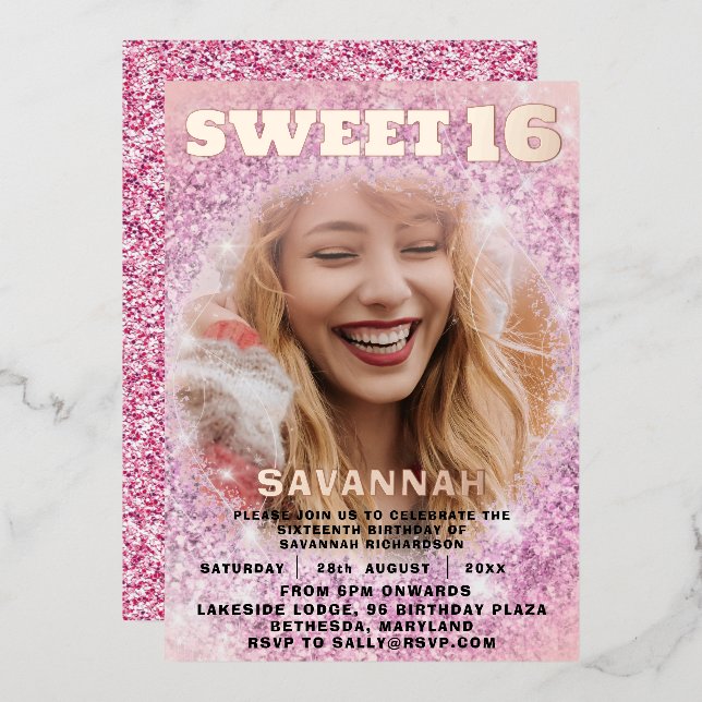Invitation En Aluminium Girly Sweet 16 Rose Gold Calligraphie & Parties sc (Recto/Verso)