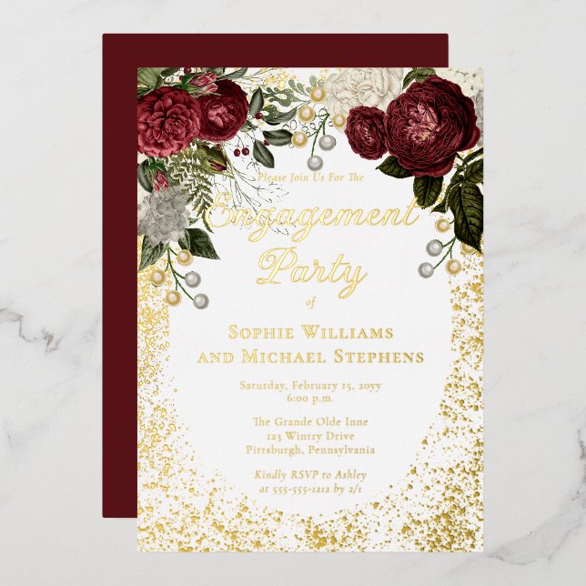 Invitation En Aluminium Glam Burgundy Rose Floral (Recto/Verso)