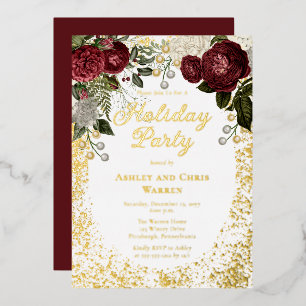 Invitation En Aluminium Glam Burgundy Rose Floral Fête de Noël
