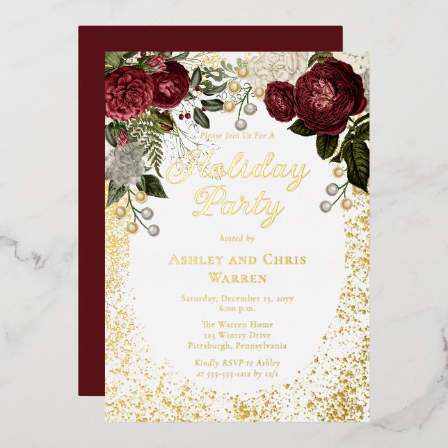 Invitation En Aluminium Glam Burgundy Rose Floral Fête de Noël (Recto/Verso)