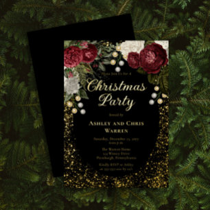 Invitation En Aluminium Glam Burgundy Rose Floral Fête de Noël