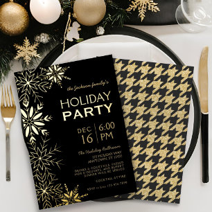 Invitation En Aluminium Glam de vacances Gold & Black Houndstooth & Snowfl