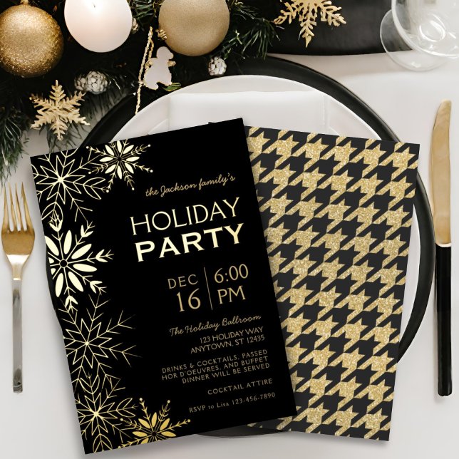 Invitation En Aluminium Glam de vacances Gold & Black Houndstooth & Snowfl (Créateur téléchargé)