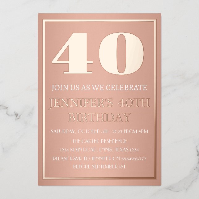 Invitation En Aluminium Glam moderne 40th Birthday Rose Gold Foil QR Code (Recto)