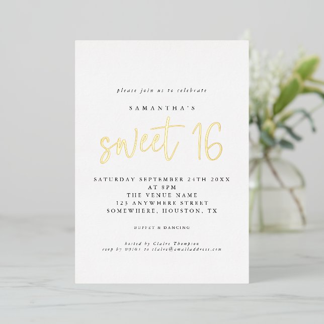 Invitation En Aluminium Glam Sweet 16 Anniversaire de fête Script Real Foi (Debout devant)