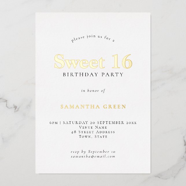 Invitation En Aluminium Glam Sweet 16 Anniversaire fête Real Foil (Recto)