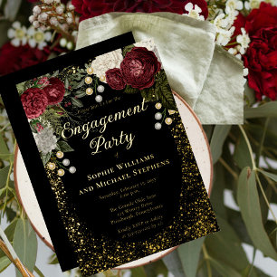 Invitation En Aluminium Glamour Rose Bourguignon Floral Fête de Fiançaille