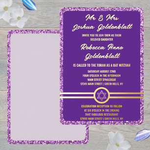 Invitation En Aluminium Glamour Violet Élégant Bat Mitzvah Or