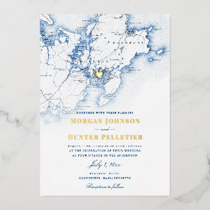 Invitation En Aluminium Gloucester Cape Ann Mariage Elegant Navy et Gold