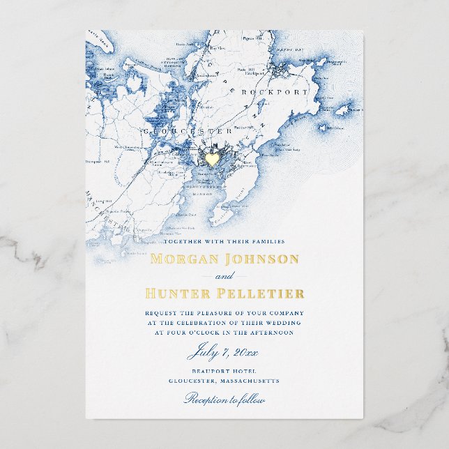 Invitation En Aluminium Gloucester Cape Ann Mariage Elegant Navy et Gold (Recto)