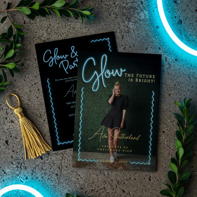 Invitation En Aluminium Glow The Future is Bright Fun Blue Neon Graduation (Glow The Future is Bright Fun Blue Neon Graduation Foil Invitation)