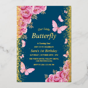 Invitation En Aluminium Gold 1er Anniversaire Papillons rose Bleu