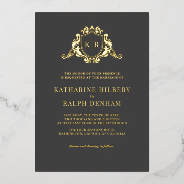 Invitation En Aluminium Gold Baroque Crest Dark Grey Monogram Mariage (Recto)