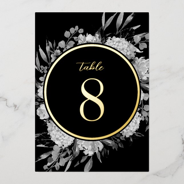 Invitation En Aluminium Gold Black Aquarelle Floral Mariage Numéro de tabl (Recto)