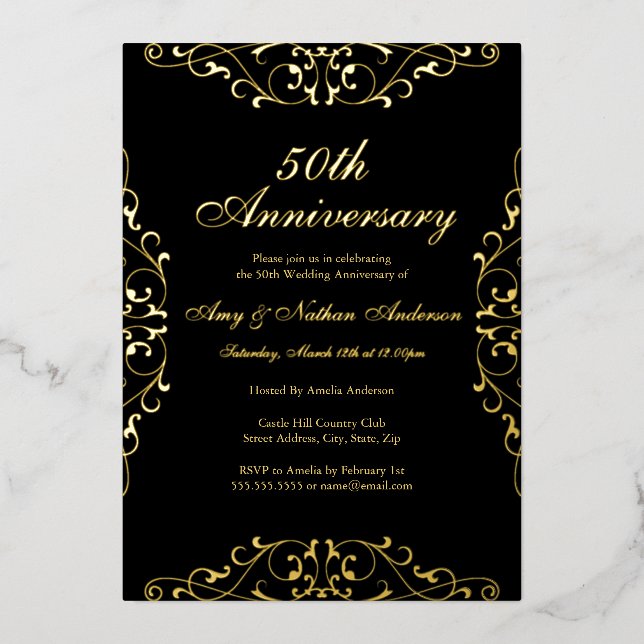 Invitation En Aluminium Gold Black Elegant Swirl 50e anniversaire Mariage (Recto)