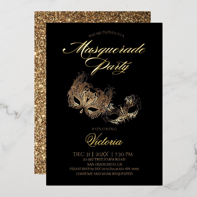 Invitation En Aluminium Gold Black Masquerade (Recto/Verso)