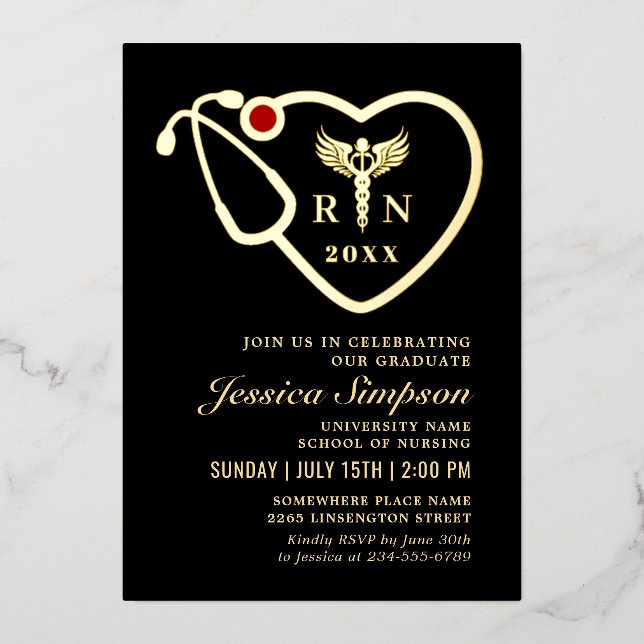 Invitation En Aluminium Gold Black Modern Nursing School Graduation Party (Recto)