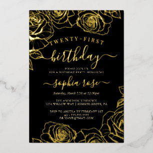 Invitation En Aluminium Gold Black Rose Foil 21e anniversaire