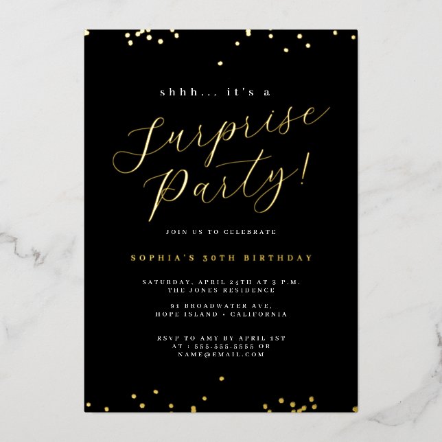 Invitation En Aluminium Gold Black Script Confetti Surprise Party (Recto)