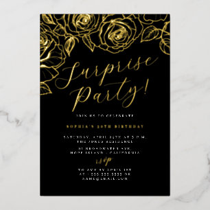 Invitation En Aluminium Gold Black Script Floral Surprise Party
