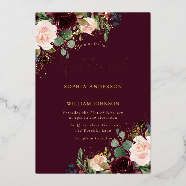 Invitation En Aluminium Gold Bourgogne Floral Sparkle Mariage Real (Recto)