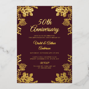 Invitation En Aluminium Gold Burgundy Floral 50e anniversaire Mariage
