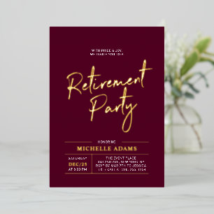 Invitation En Aluminium Gold Burgundy Moderne Brosse Script Retraite Party
