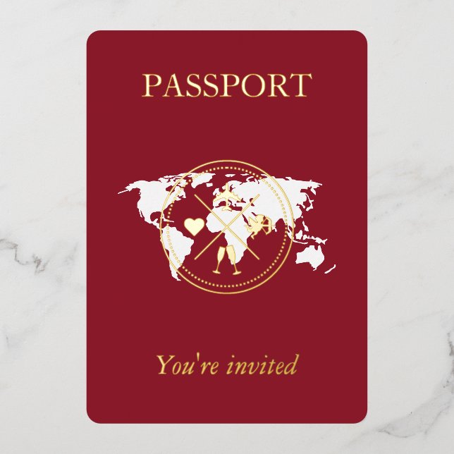 Invitation En Aluminium Gold & Burgundy Red Passport Photo Mariage unique (Recto)