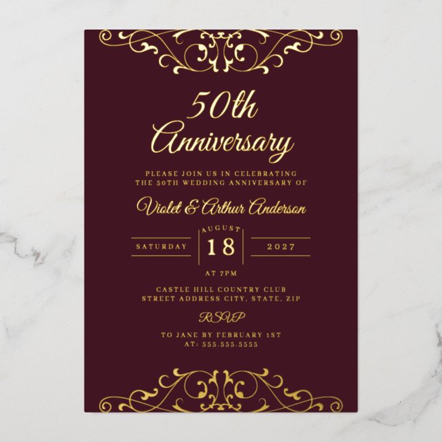 Invitation En Aluminium Gold Burgundy Swirl 50e anniversaire de Mariage (Recto)